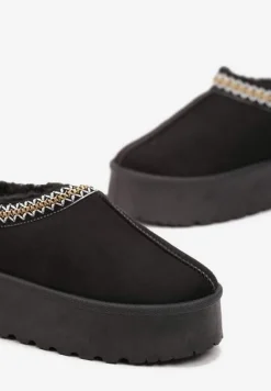 Czarne Śniegowce z Ekozamszu na Grubej Podeszwie z Ozdobną Lamówką Meliria