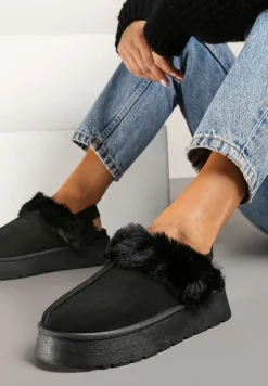 Czarne Śniegowce z Ekozamszu na Platformie z Odkrytą Piętą i Futrzaną Wstawką Norwenna