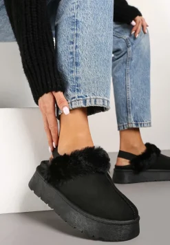 Czarne Śniegowce z Ekozamszu na Platformie z Odkrytą Piętą i Futrzaną Wstawką Norwenna