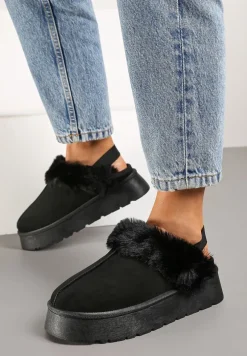 Czarne Śniegowce z Ekozamszu na Platformie z Odkrytą Piętą i Futrzaną Wstawką Norwenna