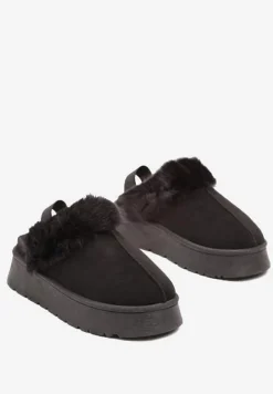 Czarne Śniegowce z Ekozamszu na Platformie z Odkrytą Piętą i Futrzaną Wstawką Norwenna