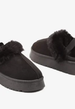 Czarne Śniegowce z Ekozamszu na Platformie z Odkrytą Piętą i Futrzaną Wstawką Norwenna