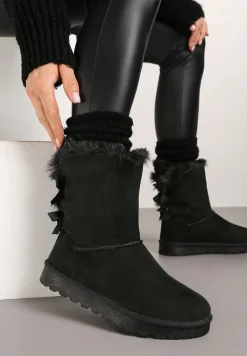Czarne Śniegowce z Ekozamszu Ocieplane Futrem i Ozdobione Kokardką Emirania