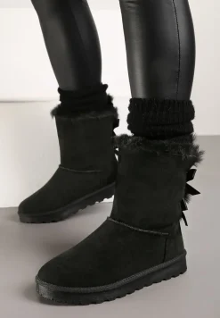 Czarne Śniegowce z Ekozamszu Ocieplane Futrem i Ozdobione Kokardką Emirania