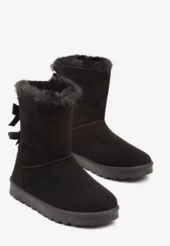 Czarne Śniegowce z Ekozamszu Ocieplane Futrem i Ozdobione Kokardką Emirania