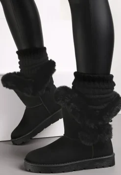 Czarne Śniegowce z Futerkiem i Pomponami Teido