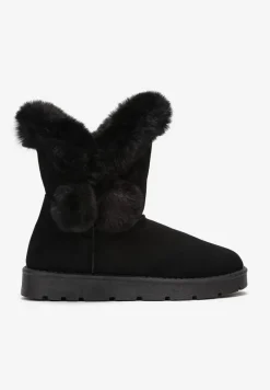Czarne Śniegowce z Futerkiem i Pomponami Teido
