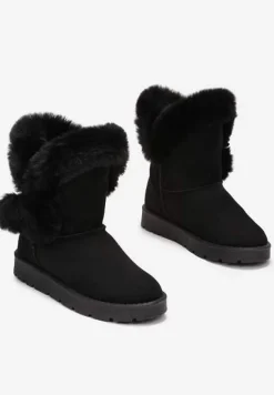 Czarne Śniegowce z Futerkiem i Pomponami Teido