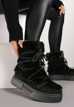 Czarne Śniegowce z Futerkiem na Grubej Podeszwie z Imitacją Sznurowadeł Liadirae