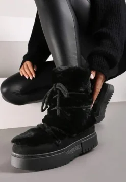 Czarne Śniegowce z Futerkiem na Grubej Podeszwie z Imitacją Sznurowadeł Liadirae