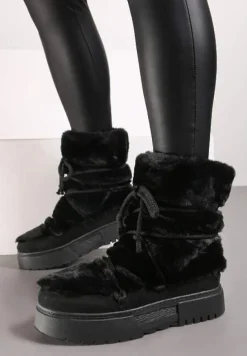 Czarne Śniegowce z Futerkiem na Grubej Podeszwie z Imitacją Sznurowadeł Liadirae