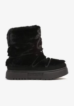 Czarne Śniegowce z Futerkiem na Grubej Podeszwie z Imitacją Sznurowadeł Liadirae