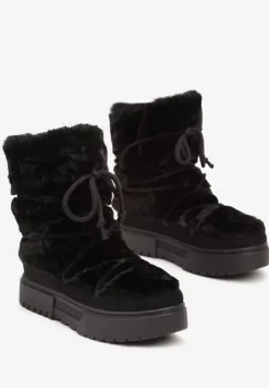 Czarne Śniegowce z Futerkiem na Grubej Podeszwie z Imitacją Sznurowadeł Liadirae
