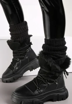 Czarne Śniegowce z Futerkiem na Platformie Bavim