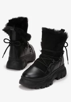 Czarne Śniegowce z Futerkiem na Platformie Bavim