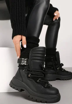 Czarne Śniegowce z Futrzaną Cholewką z Klamrą Zdobione Grubym Sznurowaniem Reanwenna