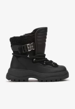 Czarne Śniegowce z Futrzaną Cholewką z Klamrą Zdobione Grubym Sznurowaniem Reanwenna