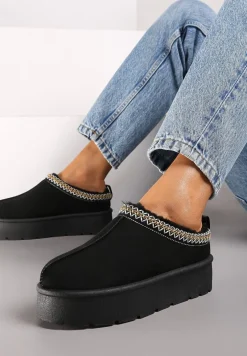 Czarne Śniegowce z Haftowanym Paseczkiem na Platformie Iridalia