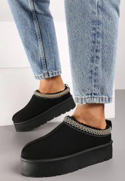 Czarne Śniegowce z Haftowanym Paseczkiem na Platformie Iridalia