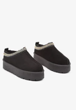 Czarne Śniegowce z Haftowanym Paseczkiem na Platformie Iridalia