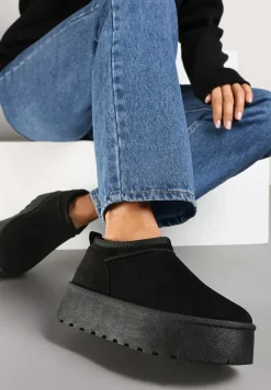 Czarne Śniegowce z Krótką Cholewką na Grubej Podeszwie Werilie