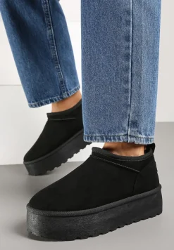 Czarne Śniegowce z Krótką Cholewką na Grubej Podeszwie Werilie