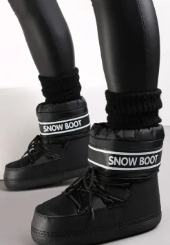 Czarne Śniegowce z Nadrukiem i Ozdobnym Wiązaniem Zulla