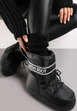 Czarne Śniegowce z Nadrukiem i Ozdobnym Wiązaniem Zulla