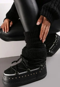 Czarne Śniegowce z Ozdobnym Sznurowaniem Ćwiekami i Futerkiem Covesa