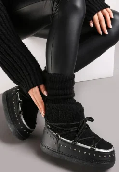 Czarne Śniegowce z Ozdobnym Sznurowaniem Ćwiekami i Futerkiem Covesa