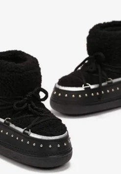 Czarne Śniegowce z Ozdobnym Sznurowaniem Ćwiekami i Futerkiem Covesa