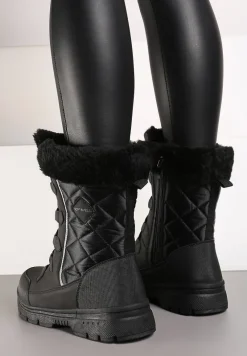 Czarne Śniegowce z Pikowanym Przeszyciem i Futerkiem na Grubej Podeszwie Amartina
