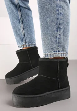 Czarne Śniegowce za Kostkę na Platformie Ocieplane Futerkiem Divena