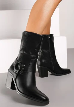 Czarne Ocieplane Botki na Stożkowym Obcasie z Ozdobną Klamrą Verinique