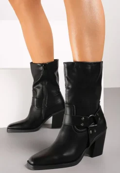 Czarne Ocieplane Botki na Stożkowym Obcasie z Ozdobną Klamrą Verinique