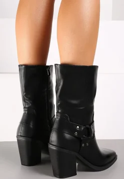 Czarne Ocieplane Botki na Stożkowym Obcasie z Ozdobną Klamrą Verinique