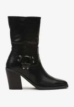 Czarne Ocieplane Botki na Stożkowym Obcasie z Ozdobną Klamrą Verinique