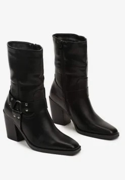 Czarne Ocieplane Botki na Stożkowym Obcasie z Ozdobną Klamrą Verinique