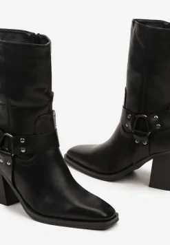 Czarne Ocieplane Botki na Stożkowym Obcasie z Ozdobną Klamrą Verinique