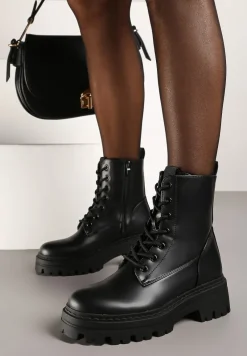 Czarne Ocieplane Botki na Platformie w Stylu Workerów ze Sznurowaniem Vaivellea