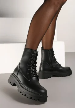 Czarne Ocieplane Botki na Platformie w Stylu Workerów ze Sznurowaniem Vaivellea