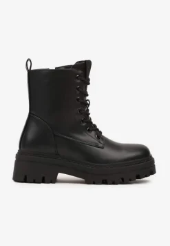 Czarne Ocieplane Botki na Platformie w Stylu Workerów ze Sznurowaniem Vaivellea