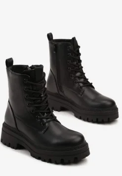 Czarne Ocieplane Botki na Platformie w Stylu Workerów ze Sznurowaniem Vaivellea