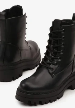Czarne Ocieplane Botki na Platformie w Stylu Workerów ze Sznurowaniem Vaivellea