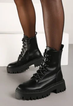 Czarne Ocieplane Botki Workery na Płaskiej Podeszwie ze Sznurowaniem Berilea