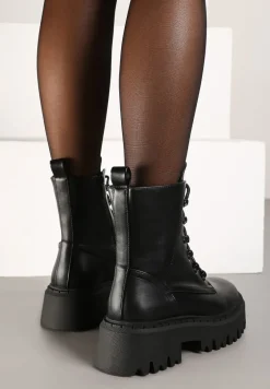 Czarne Ocieplane Botki Workery na Płaskiej Podeszwie ze Sznurowaniem Berilea