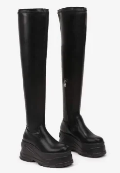 Czarne Ocieplane Kozaki na Tłoczonej Platformie z Dopasowaną Cholewką Salimira