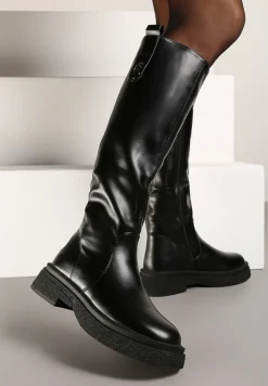 Czarne Ocieplane Kozaki w Stylu Grunge z Ozdobną Wstawką Henamia