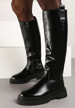 Czarne Ocieplane Kozaki w Stylu Grunge z Ozdobną Wstawką Henamia