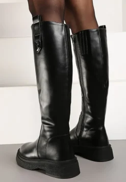 Czarne Ocieplane Kozaki w Stylu Grunge z Ozdobną Wstawką Henamia